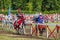 Two horsemen have heavy spears contact at jousting tournament