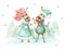 Two horses, a boy and a girl in winter clothes on a snowdrift, around snowflakes, create a background of Christmas trees