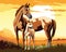 two horses in a field, a white foal and a brown horse.