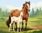 two horses in a field, a white foal and a brown horse.