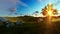 Two horses on green meadow and tree of life, beautiful sun rays