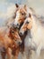 Two horses hugging in a painting, in the style of white and ambe