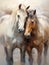 Two horses hugging in a painting, in the style of white and ambe