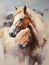 Two horses hugging in a painting, in the style of white and ambe