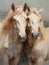 Two horses hugging in a painting, in the style of white and ambe