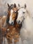 Two horses hugging in a painting, in the style of white and ambe