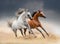 Two horses running in desert