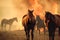 Two horses standing in a stable and fighting with fire in the background. Generative AI