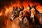 Two horses standing in a stable and fighting with fire in the background. Generative AI