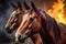 Two horses standing in a stable and fighting with fire in the background. Generative AI