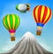 Two hot air balloons flying with happy boys and mountain scene