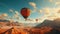Two hot air balloons are soaring over a sun-drenched desert landscape. AI-generated.