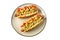 Two hot dogs on dish over white background