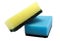 Two household sponges, yellow, blue, large detailed isolated macro closeup