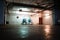 Two huge blue bunny figurines laying on the ground in a dark, spooky underground garage, with grungy water pipes on the ceiling