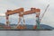 Two huge shipbuilding Gantry Cranes at the shipyard