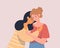 Two hugging women vector flat illustration. Happy young female characters holding each other in arms.