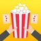 Two human businessman hands holding big popcorn box. Two Tickets with stars. Movie Cinema icon in flat design style. Pop corn. Fas