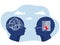 Two human heads silhouette decoding and understanding problem or rational and irrational thinking, conflict. Ordering thoughts int