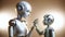 Two humanoid robots engage in a human-like interaction, highlighting the emotional potential of AI.