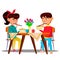 Two Hungry Little Asian Kids At The Table Eating Spaghetti, Pasta Vector. Isolated Illustration