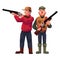 Two hunters, one in vest holding rifle, another aiming