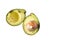 Two imperfect bruised avocado halves isolated on a white background with copy space