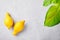 Two imperfect lemons at grey slate background. Ugly Fruits concept. Incorrect shape lemons