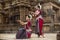 Two Indian classical odissi dancers Pushpanjali in front of Mukteshvara Temple,Bhubaneswar, Odisha, India