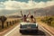 Two individuals are seated in the rear of a vehicle as it travels along a road, Happy couple driving on country road with raised