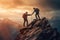 Two individuals stand atop a mountain, united as they hold hands against the breathtaking backdrop, Hiker helping friend reach the