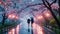 Two individuals walking down a bustling city street while tightly holding umbrellas, Romantic stroll under cherry blossoms in