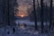 Two individuals walking through a snow-covered forest in a painting, A twilight forest scene with hunters quietly stalking a deer
