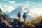 Two individuals wearing backpacks hike up a mountain, surrounded by breathtaking scenery, Trekking concept two tourists walking