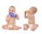 Two infant child baby toddlers sitting eating blue toy and green