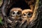 Two inquisitive owlets emerge from tree nest, providing room