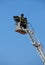 Two intrepid firefighters over the ladder truck metal basket dur