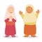 Two islamic girl character wearing muslim dress hejab greeting cheerful white isolated background with flat color style.