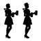 Two isolated silhouettes of Oktoberfest girls in Bavarian folk costumes with beer mugs