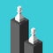 Two isometric white pawns on black pedestals, low and high. Inequality, difference, discrimination and income concept. Flat design