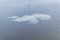 Two ivory gulls stands on a swiming white ice floe in a cold river with waves, ripples in cloudy weather.