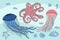 Two jellyfish, octopus and sea beasts marine life