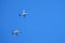 Two jet planes in flight. Aerobatic team performances.