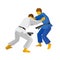 Two judo fighters in blue and white colors. Martial arts.