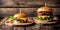 Two juicy cheeseburgers close-up on a wooden table on a kitchen board against a background of a blurred rustic