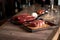 Two juicy, fresh striploin steaks in a grill pan and ribeye steak on a cutting board on a countertop and barrel boards with tomato