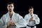 Two karate fighters performing karate stance