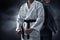 Two karate martial arts fighter on dark background