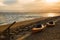 Two Kayaks on the beach at Sunset in Cape Cod