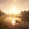 Two kayaks on a shining river, working together to navigate the waters and enjoy the scenery